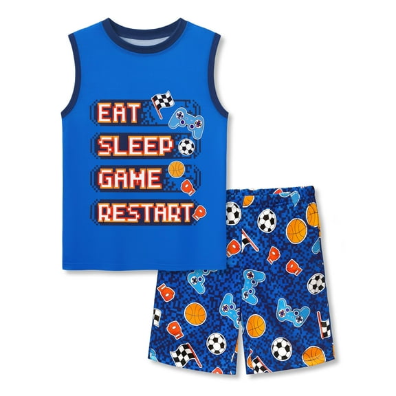 Beezizac Pajamas for Boys Funny Blue Gamer Tank Top & Shorts Sleeve 2-Piece PJ Set Kid Comfy Sleepwear Size 8