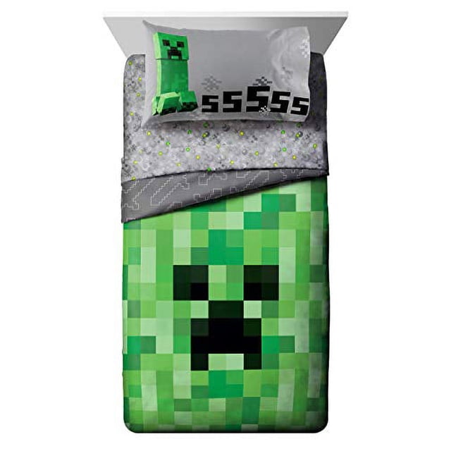 Jay Franco Minecraft creeper Ensemble de Lit Complet 5 Pcs - Comprend une Couette Réversible et un Ensemble de Draps - Microfibre Super Douce Résistante à la Décoloration - (Produit Minecraft Officiel)