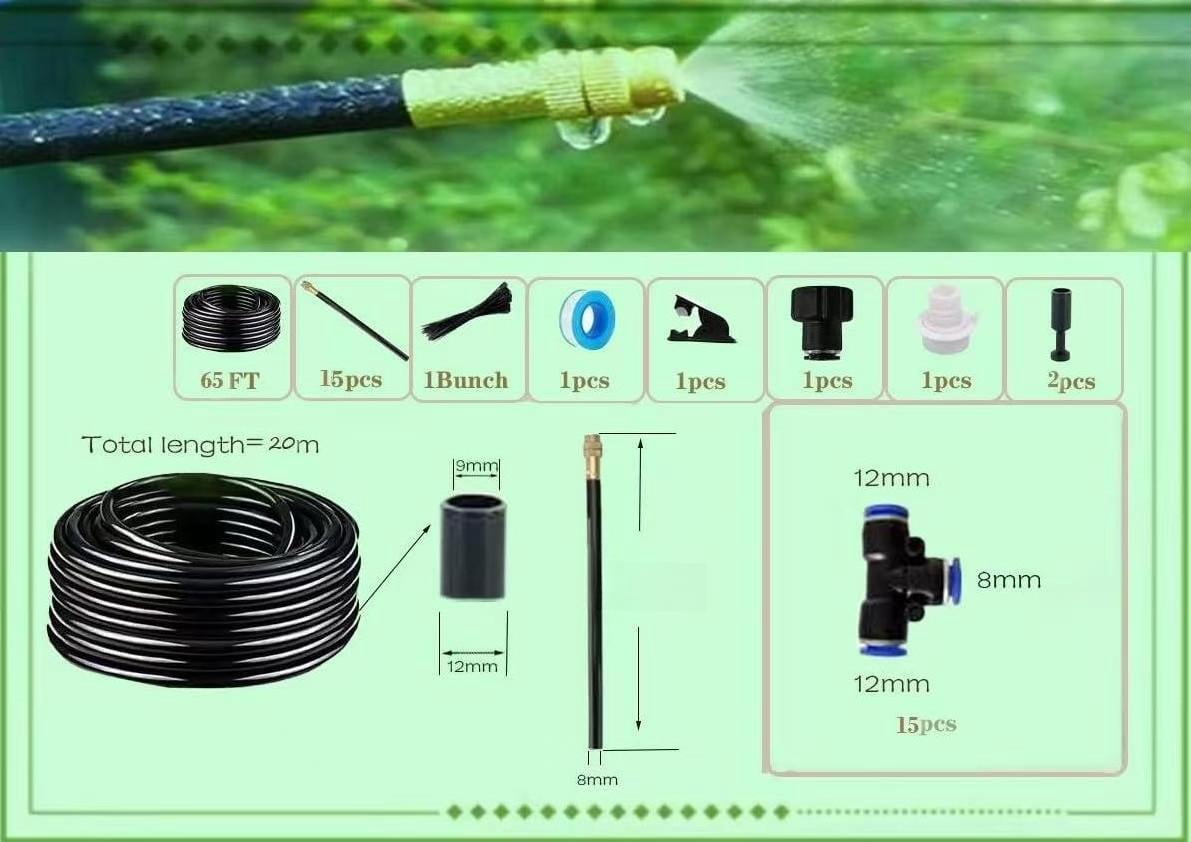 Drip Irrigation Kit  Automatic Garden Watering System Quick Connector And 360-degree Bending Dropper Atomizing Copper Nozzle Plant Lawn Courtyard System. (65ft)
