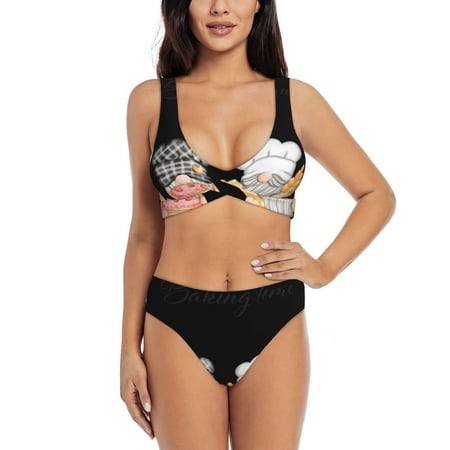 Zeuib Little Chef Gnome High Waisted Tummy Control Bikini Set - Knot Front Push Up Top & Cheeky Thong Bottom  Two-Piece Swimsuit for Women-Medium