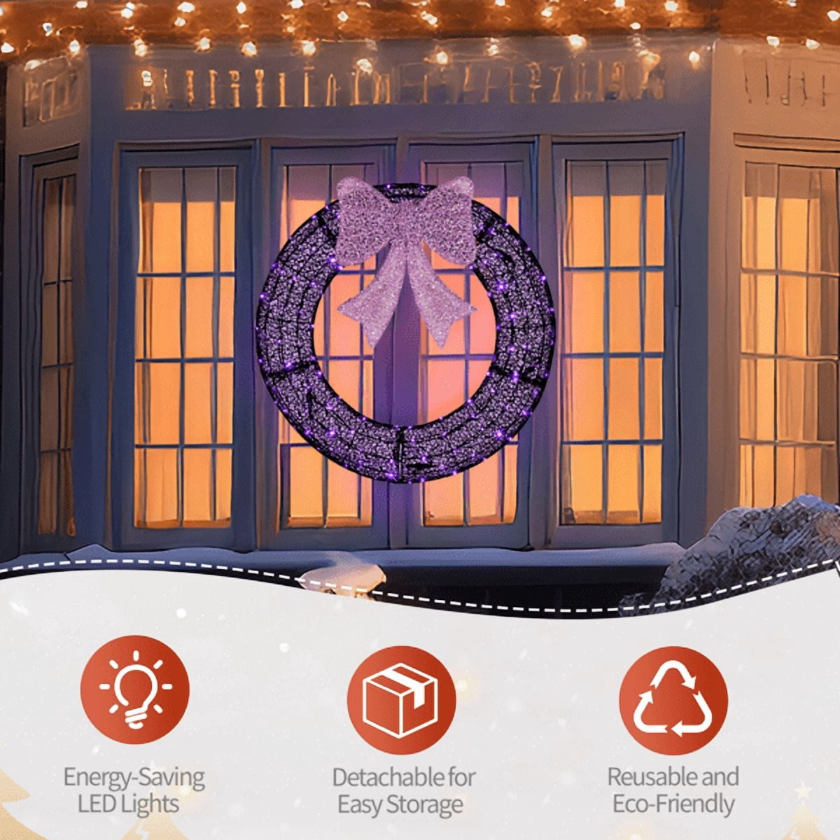 Alvantor 36 in Pre-Lit Christmas Wreath with 165 Purple and Orange LED Lights, Purple Bow, Remote Control and Timer, Black