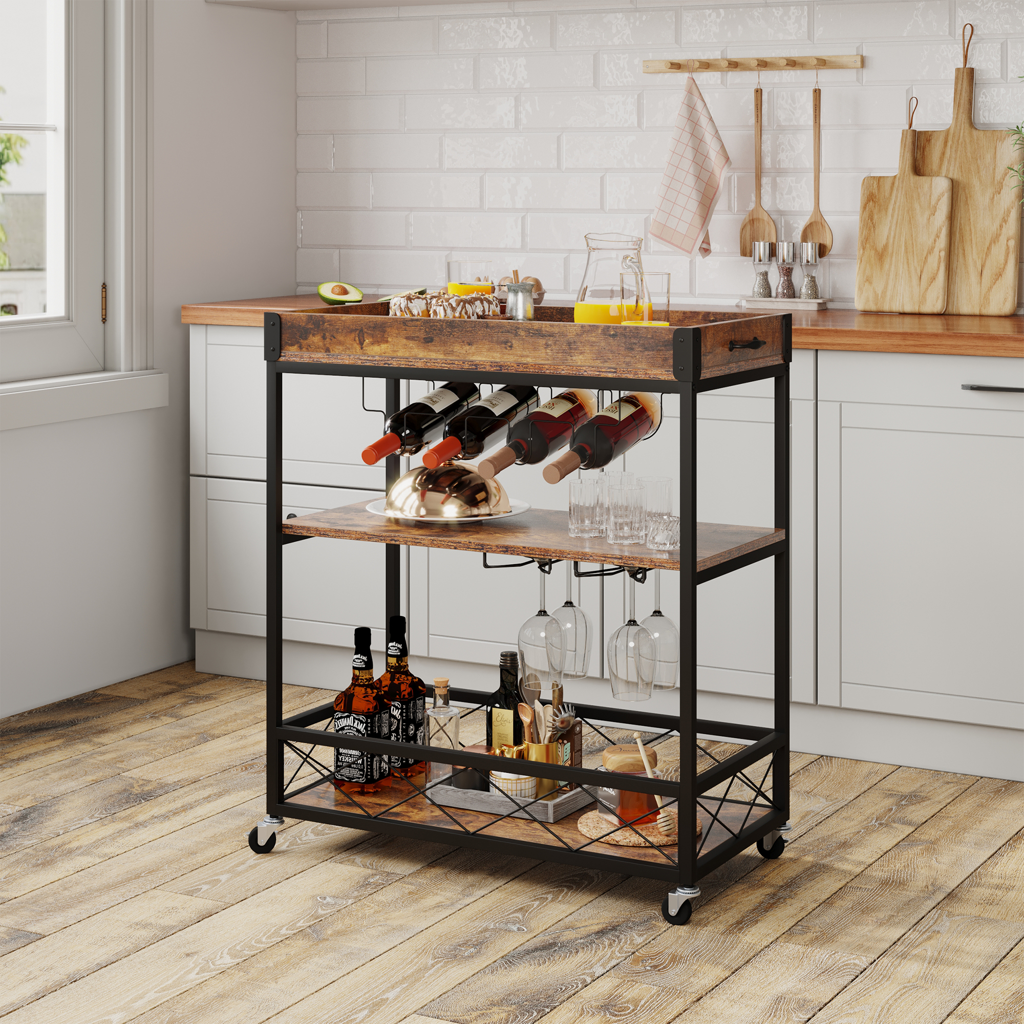 DEXTRUS 31" Rolling Kitchen Cart with Wine Rack and Glass Holder, Removable Tray and Storage Drawer