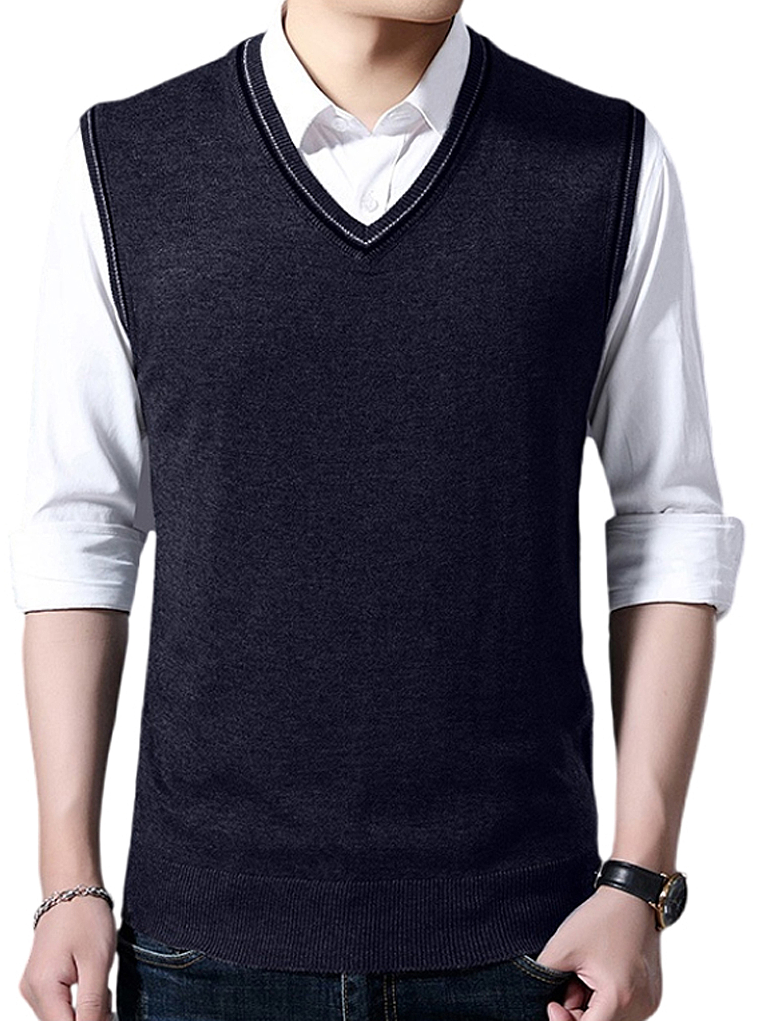 Hanerdun Men Sweater Vests Male VNeck Pullover Waistcoats Navy Blue S