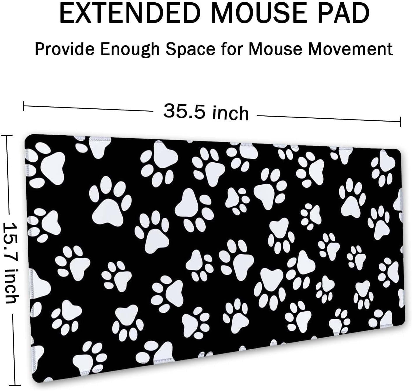 Gaming Mouse Pad, Extended Mouse Pad, 35.5x15.7inch XXL Large Big Computer Keyboard Mouse Mat Desk Pad with Non-Slip Base and Stitched Edge for Home Office Gaming Work, Black White Paws