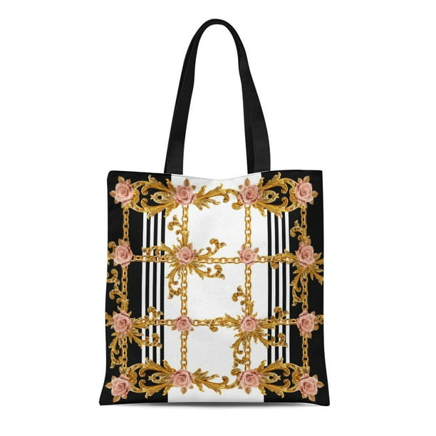 NUDECOR Canvas Tote Bag Beauty Rose and Baroque Pattern Fills