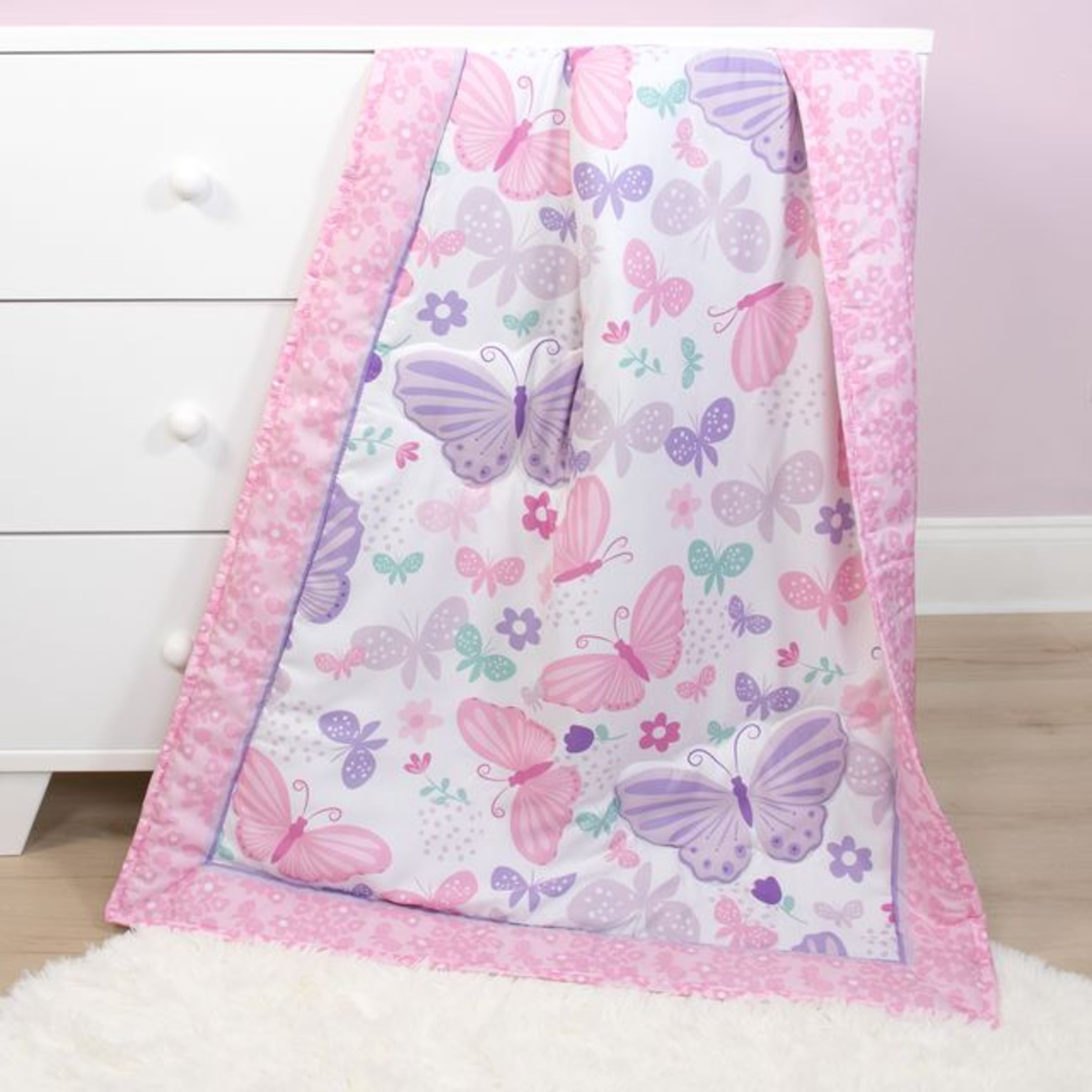 The Peanutshell Pink and Purple Butterfly Song Crib Bedding Set for Baby Girls, 3 Piece Nursery Set
