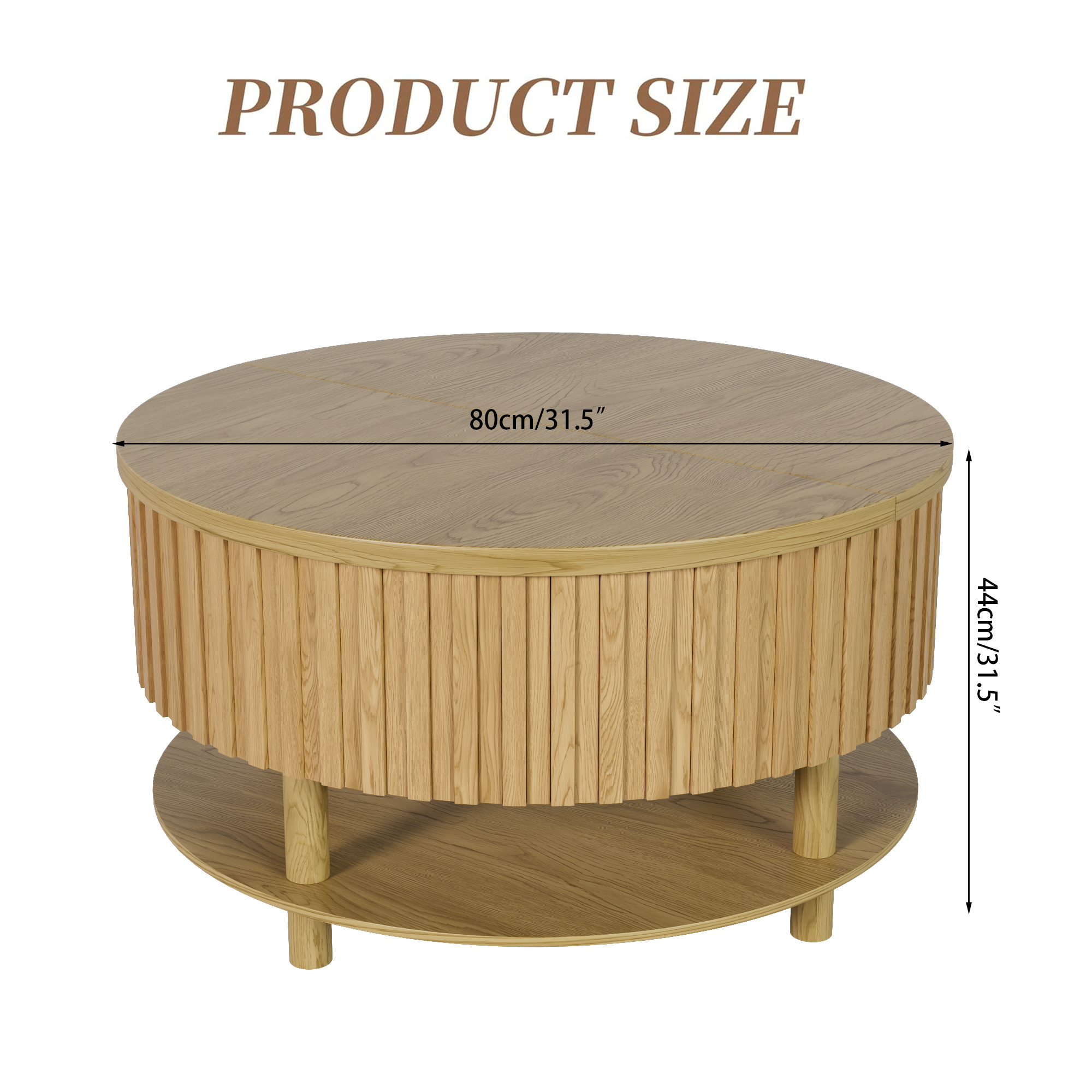 Round Lift Top Coffee Table with Storage, 2-Tier Center Table with Hidden Compartment, Circle Coffee Table with Open Shelf for Living Room, Wood Color