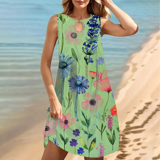 FcBaudy Robe Sans Manches Col Rond, Robes d'Été pour Femmes, Robes pour Femmes Col Rond Sans Manches Dégradé Teinture sur Nœuds Robe de Plage Robe pour Femmes