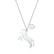 LinnaLove Stainless Steel Horse Necklace Pendant with 26 Initials disc charm(Silver-Initials: K)