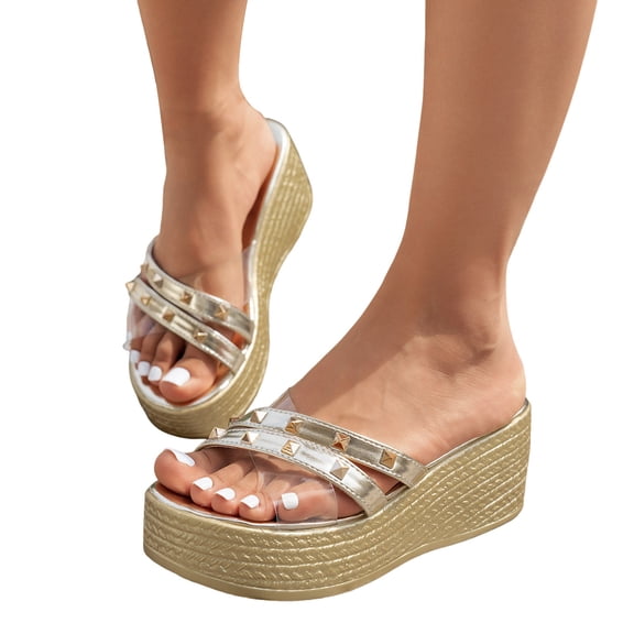 Rokment Studded Metallic Platform Wedge Slides Dress Sandals for Woman Trendy Casual Transparent Chunky Slip on Heeled Summer Pumps Slippers Gold Size 6