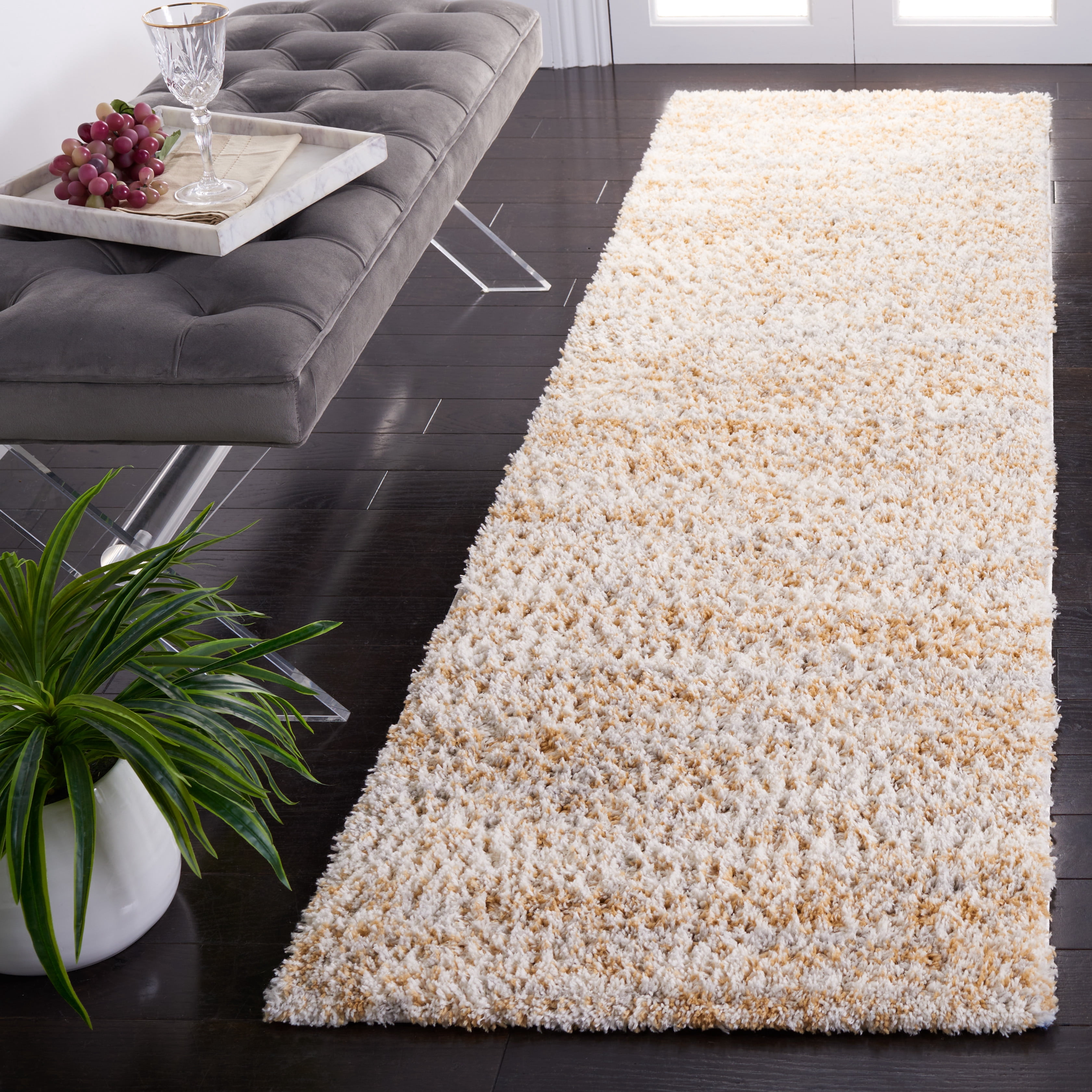 Safavieh Berber Torvald Abstract Polyester Shag Runner Rug, Ivory/Light Gold, 2'3" x 10'