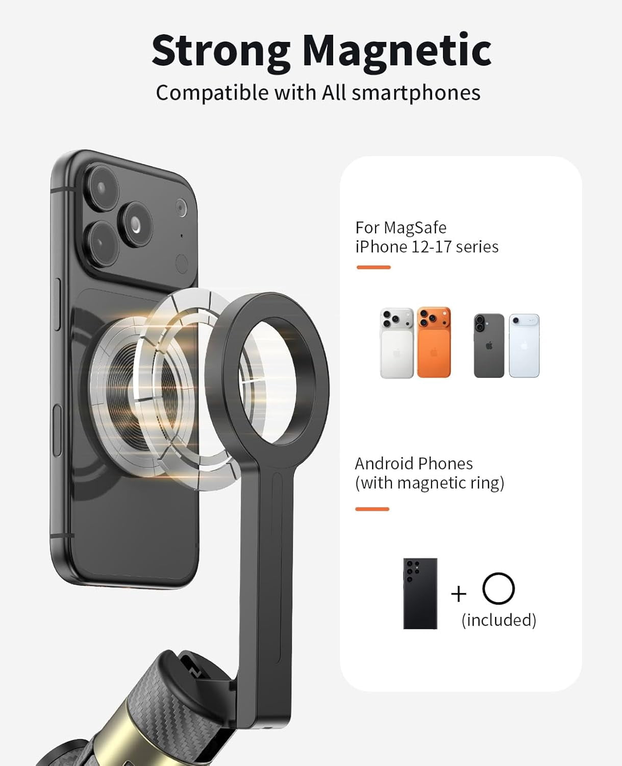 65" Magnetic Tripod for iPhone, with Remote, 360° Rotatable Extendable Travel Phone Stand Metal Ring, Compatible iPhone Android