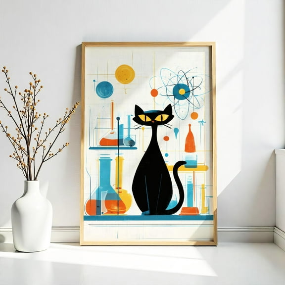 MSFCON Atomic Black Cat in Science Lab – Retro Midcentury Modern Poster, Atomic Age Chemistry Print