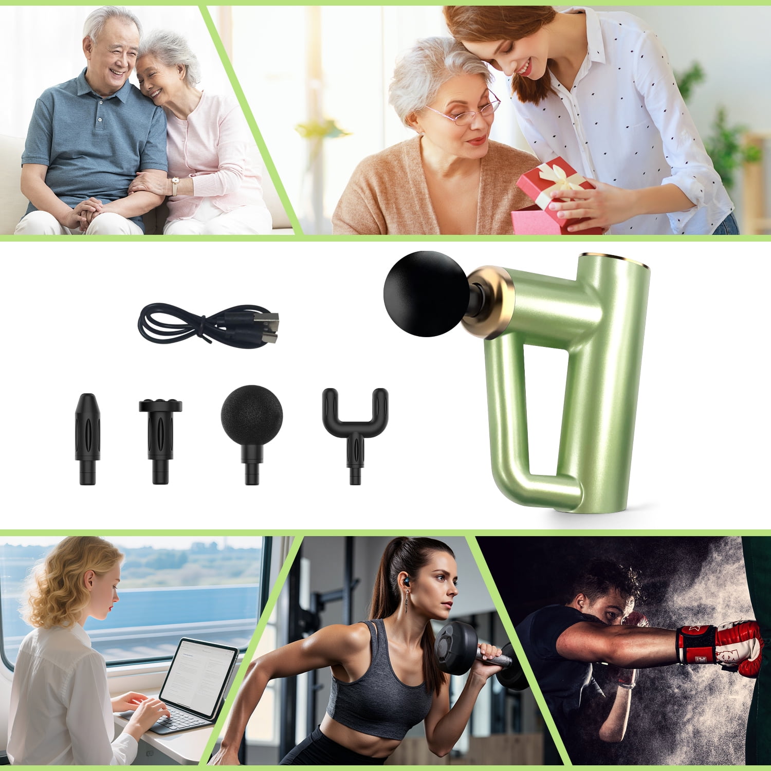 Syenll Massage Gun, Massage Gun Deep Tissue, Percussion Massage Gun with 4 Heads and 6 Speeds, Handheld Massager for Athletes Pain Relief, Green