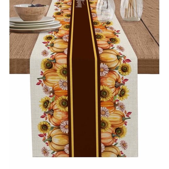 Orange Sunflower Pumpkins Table Runner 36 Inches, Pastoral Botanical Rustic Bed Runner Dresser Scarves Tabletop for Indoor Outdoor Parties/Ceremony/Banquet, 13"x 36"