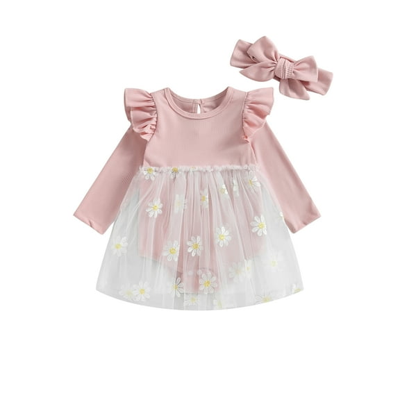 Bagilaanoe Newborn Baby Girl Rompers Dress Floral Embroidery Long Sleeve Bodysuits Headband 6M 12M 18M 24M Infant Mesh Patchwork A-line Princess Dresses