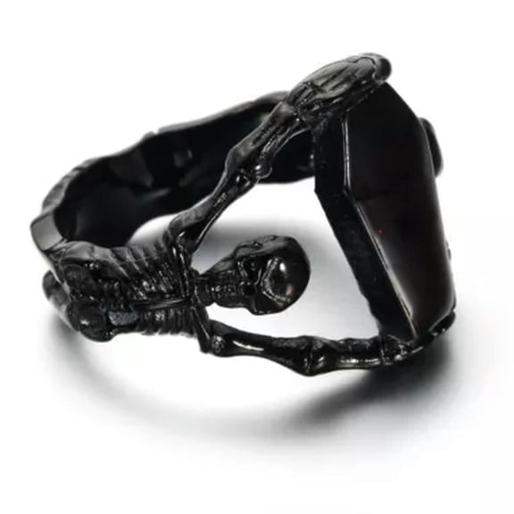 HOOUN Vintage Black Vampire Coffin Skull Ring Stainless Steel Men Rings Biker Jewelry-7