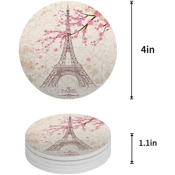 FMSHPON Pink Cherry Blossom Set of 4 Round Coaster for Drinks, Absorbent Ceramic Stone Coasters Cup Mat with Cork Base for Home Kitchen Room Coffee Table Bar Decor