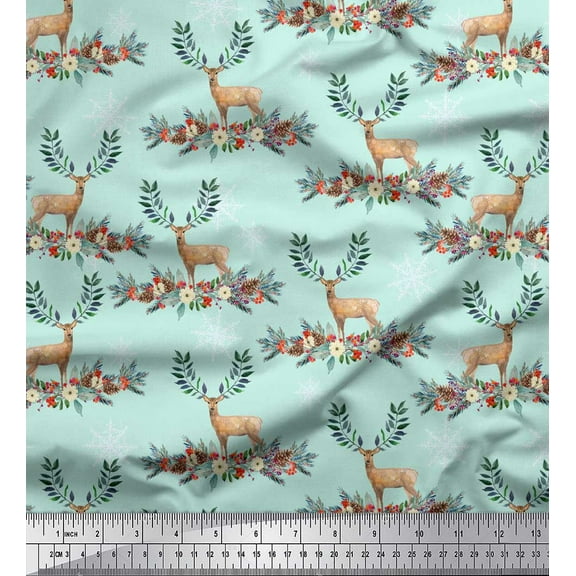Soimoi Green Cotton Duck Fabric Deer & Floral Print Fabric by the Yard 42 Inch Wide