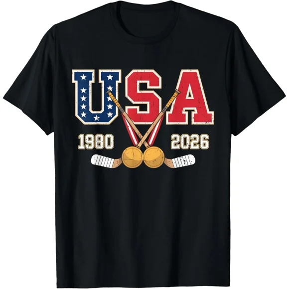 1980 And 2026 Hockey Vintage USA Crossed Sticks Patriotic Top Unisex T-Shirt, up to size 5XL