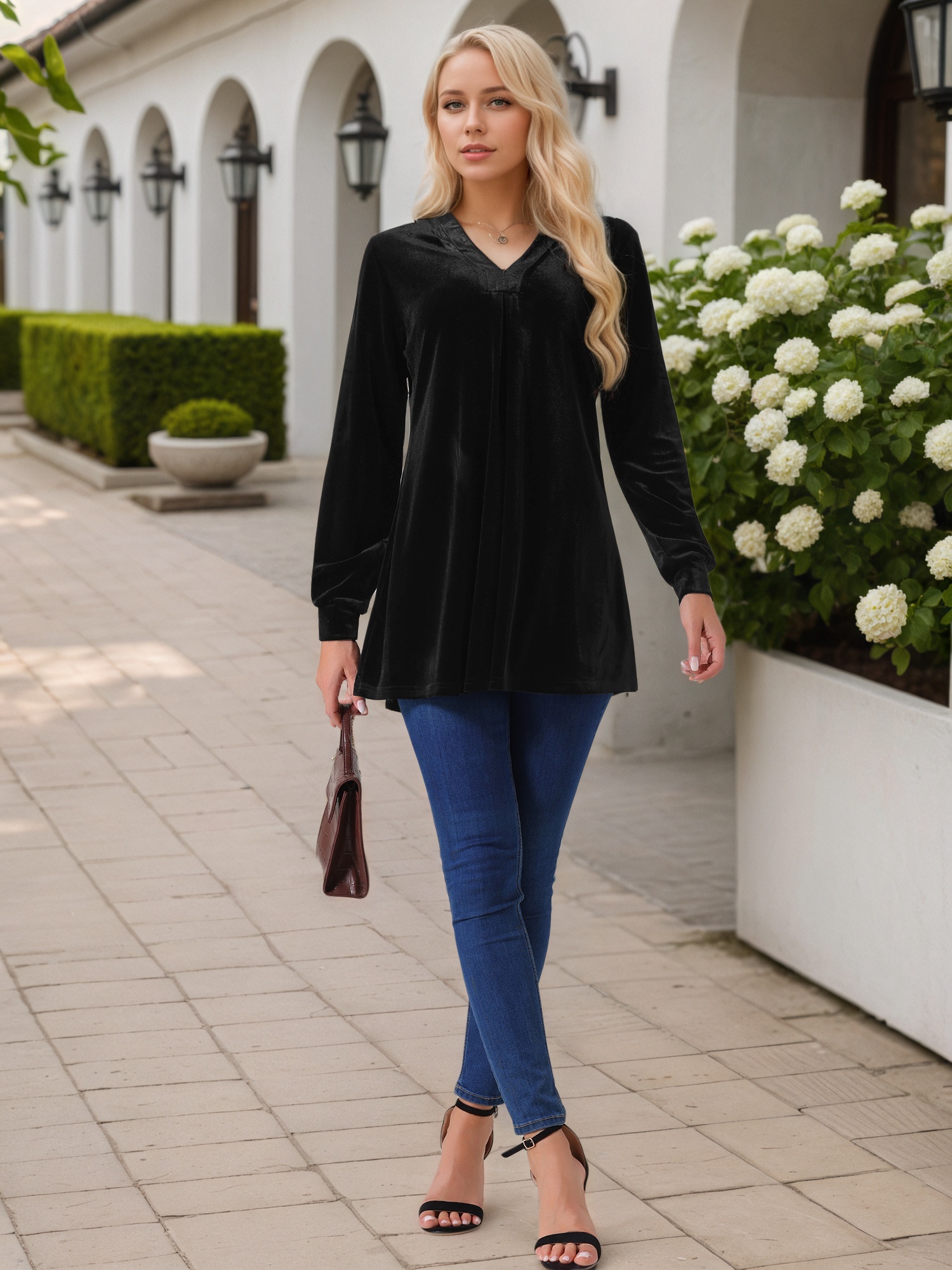 DARING DIVA Women's Velvet Top V Neck Long Sleeves Loose Blouse L Black
