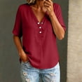 thumbnail image 5 of LIZUOJUN Women's Mid sleeve T-shirt Casual Button Down Washed Cotton LinenMiddle Length Sleeve Tops Casual Button Round Neck Loose Summer Top T Shirt,Wine XL, 5 of 6
