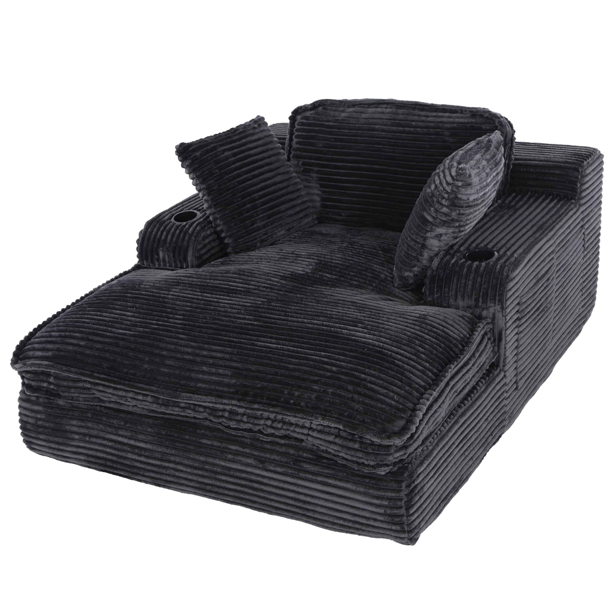 EOP 67'' Oversized Chaise Lounge Chair Indoor, Plush Boneless Cloud Couch with Side Pockets & Cup Holders, Comfy Corduroy Sleeper Couch with Removable Pillows for Living Room, Black