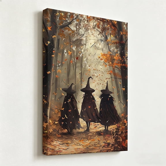 Vintage Autumn Witches in Forest Canvas Wall Art - Impressionist Halloween Fall Woods Oil Painting Print - Matte Finish Gallery Wrapped Spooky Cottagecore Decor Ready to Hang 8*12