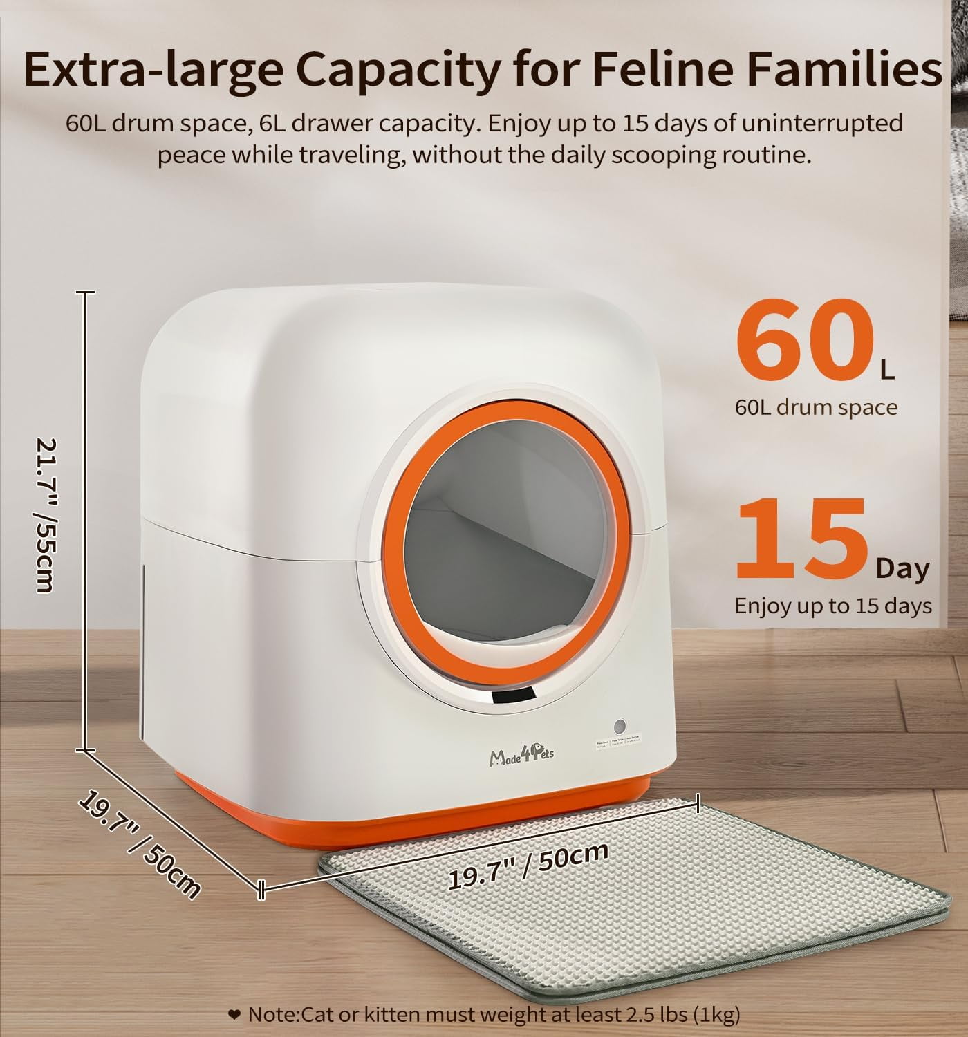 Self-Cleaning Litter Box, Automatic, Odor-Eliminating, 60L Capacity, Anti-Pinch, Hands-Free Waste Disposal with Waste Bags, White
