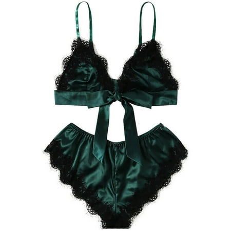 

EHTMSAK Womens Lingerie Bow Babydoll Lace 2 Piece Eyelash Bra and Panty Set Underwire Sexy Lingerie for Women Naughty Green 2XL