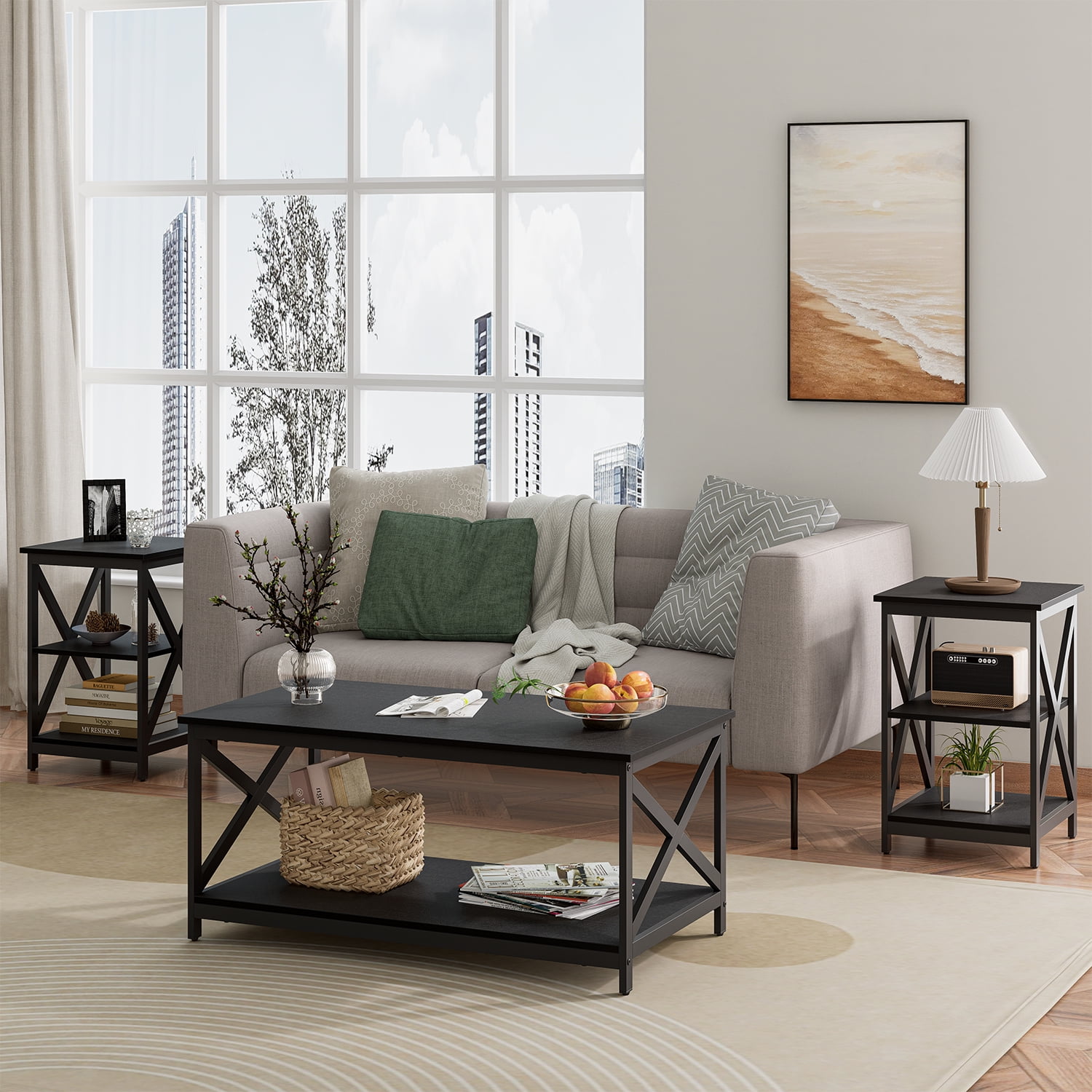 Frmobepts Living Room Coffee Table Set of 3, Modern Coffee Table and 2 End Side Tables, 3 Piece Living Room Table Set with Large Storage for Apartment Home, Black
