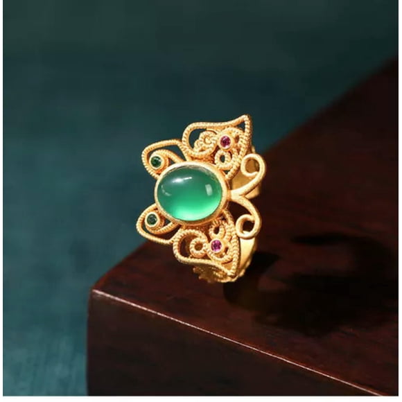 HOOUN Green Real Jade Butterfly Ring 18K Gold Plated Natural Jewelry Women