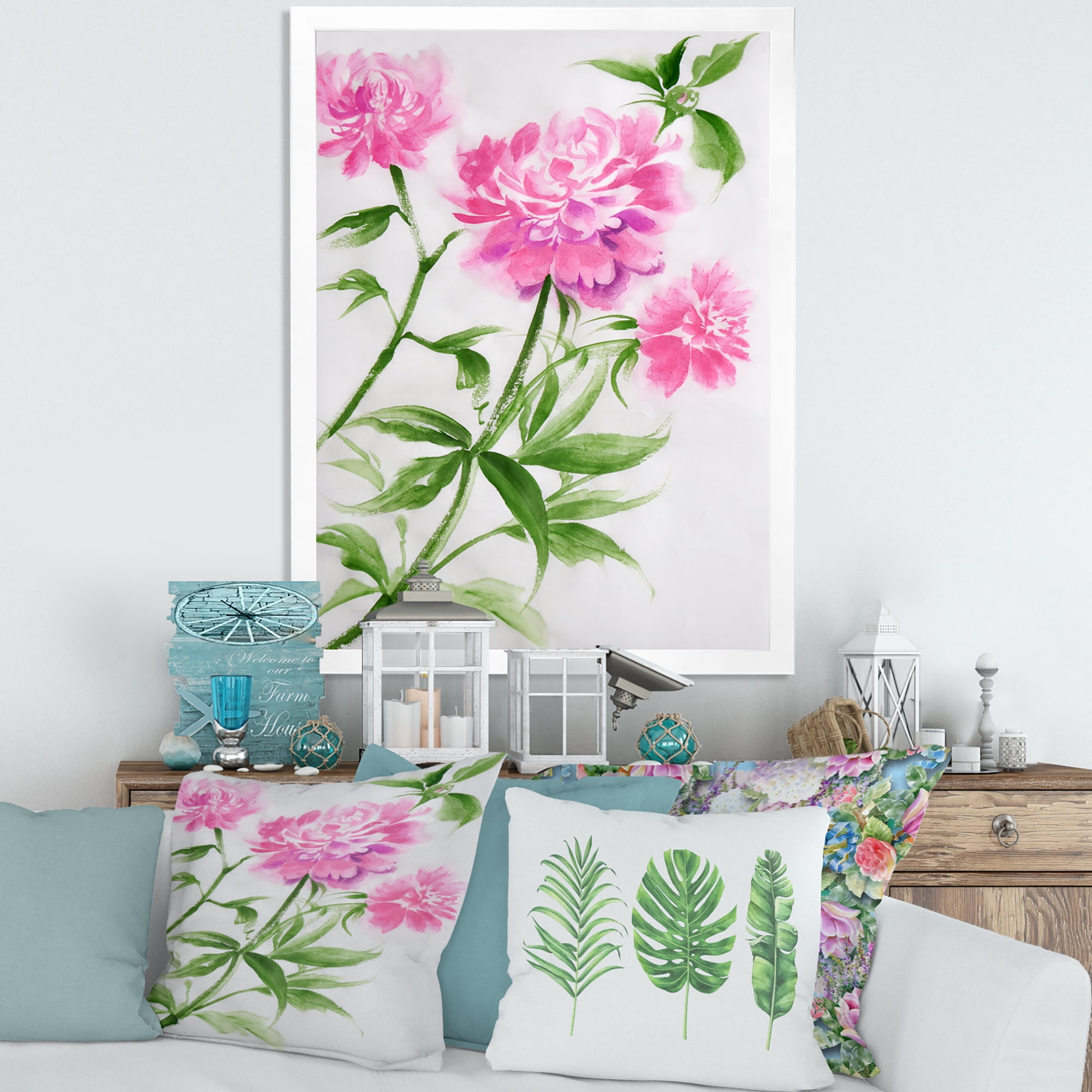 Designart 'Purple Peonies With Green Bush II' Traditional Framed Art Print