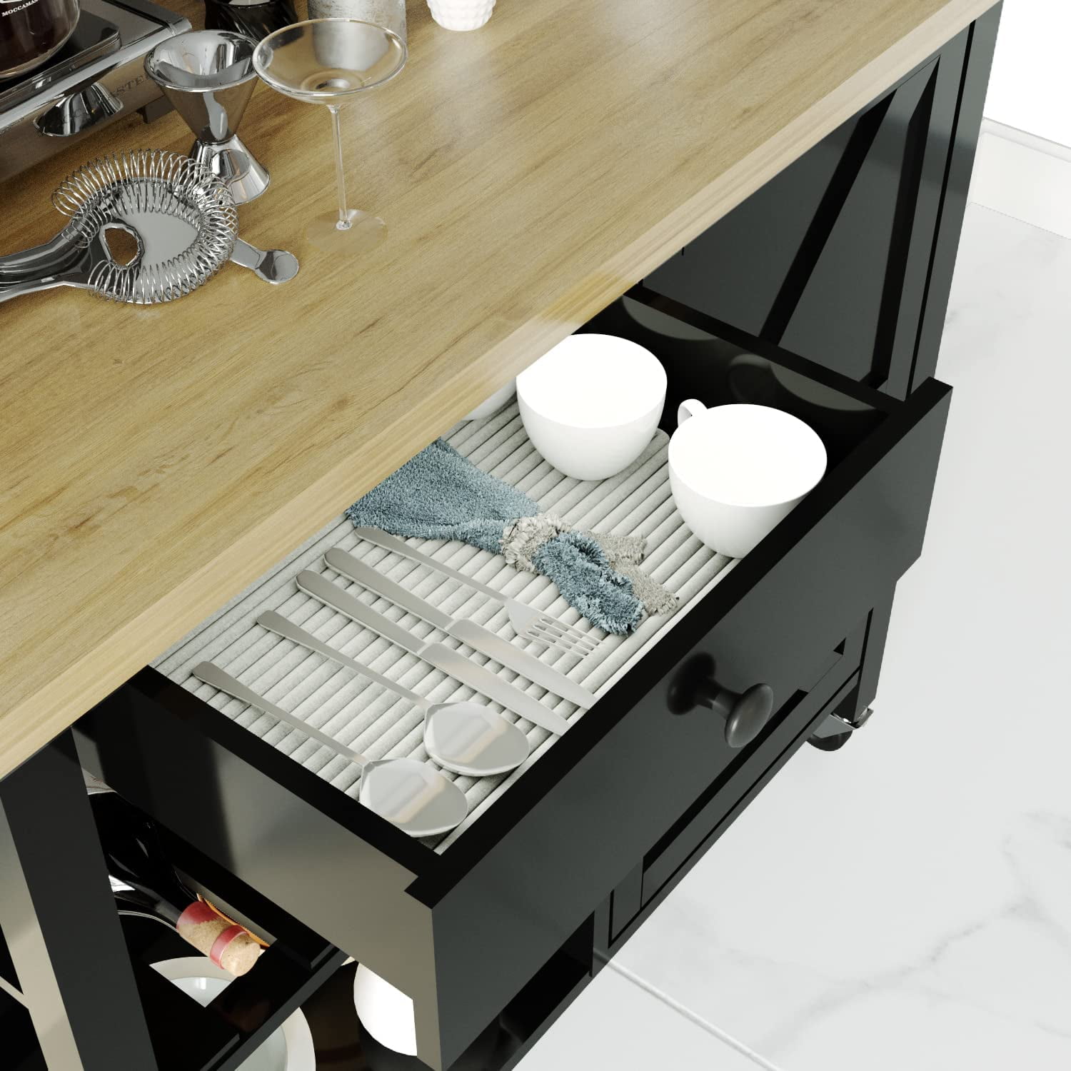 Catrimown Farmhouse Kitchen Cart with Storage, Rolling Kitchen Cart on Wheels, Microwave Stand Coffee Cart, Black