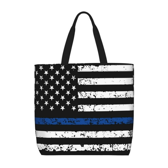 Defioc Thin Blue Line Flag Pattern Tote Bag for Women,Large Capacity Tote Bag with Zipper Casual Shoulder Handbags Shopping Bag