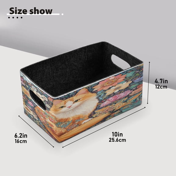 BZSMCE Shelf Baskets Orange Cat with Colorful Flowers Pattern Storage Cube Bins 10.1*6.3*4.7in Set of 2
