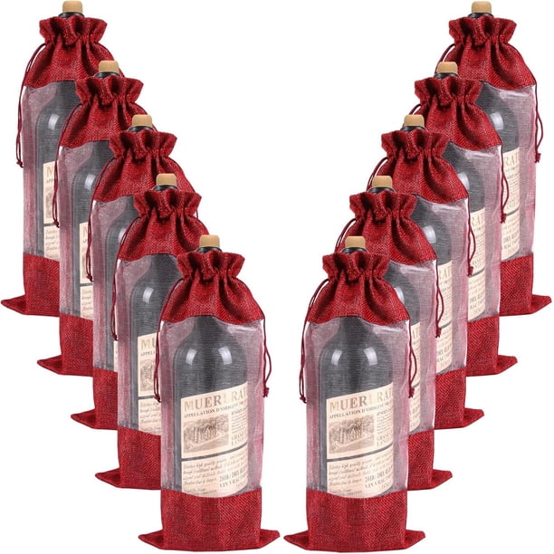 Bolsas de regalo para botellas de vino, arpillera y organza, color burdeos, 12 unidades