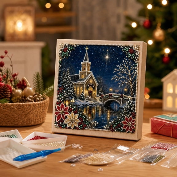 syligr Snowy Night Christmas Diamond Art for Adults, Vintage Christmas Pearl Art Kits, DIY Pearl Diamond Kit, Winter Bead Crafts Ornament, Xmas Party Decorations for Mantel, Unique Gift/Favors