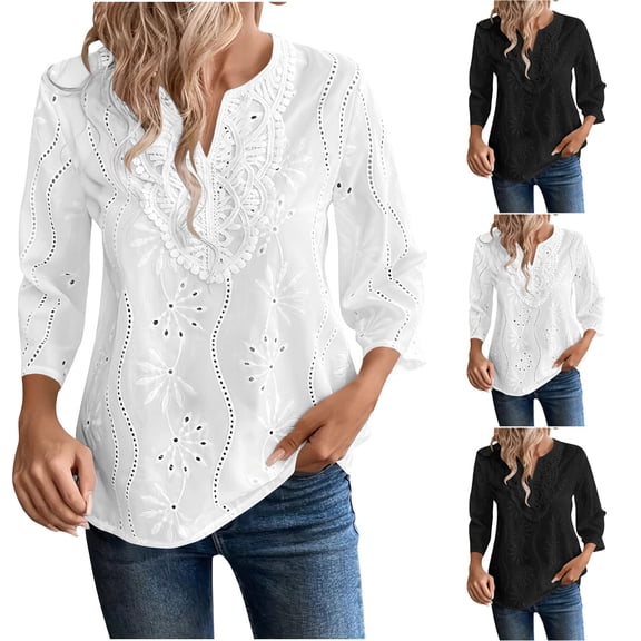 Loopsun Womens Winter Tops, 3/4 Sleeve Shirts for Women, Women's Casual Comfortable 3/4 Sleeve V-Neck Blouse Shirt Daily Top White, S