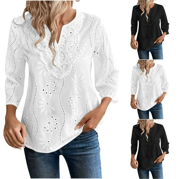Talla grande Tops de tallas grandes,Camisa de gasa bordada, cuello en V y manga 3/4, blusa informal de poliéster, ajuste cómodo, para uso diario, sopatenor