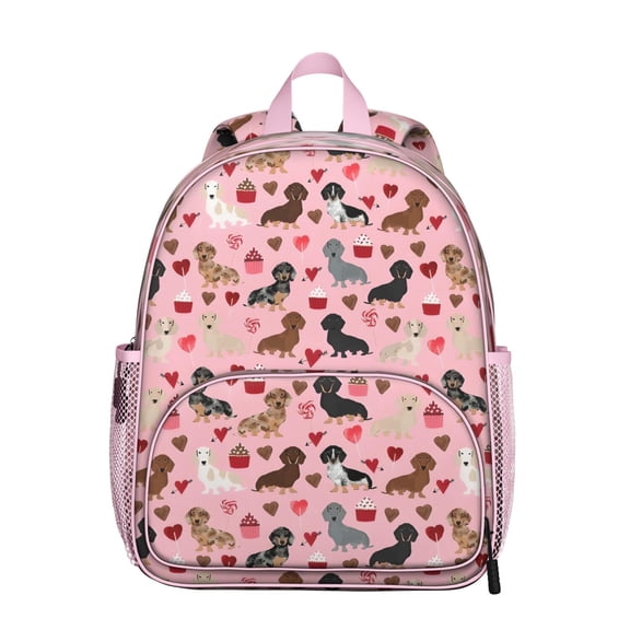 Pink Cute Dachshund Dog and Love Heart Backpack Backpack for School,Cute School Bag,Schoolbag with Adjustable Shoulder Straps & Padded Back,13.8"x11.4"x6"