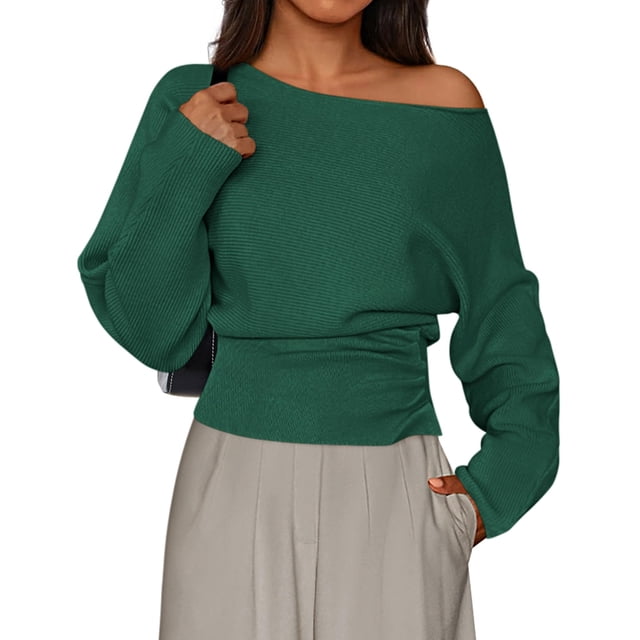Suéter PRETTYGARDEN Hombros Descubiertos Manga Murciélago Verde Talla L