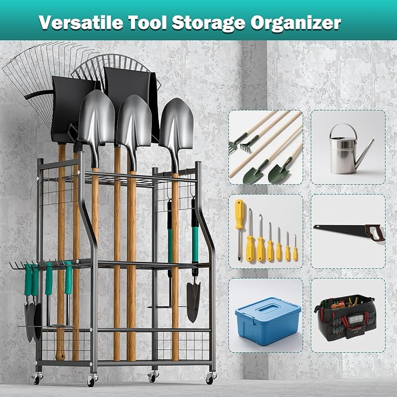 Garden Tool Organizer Stand, Garage Tool Storage Organization, Yard Tool Racks with lockable wheels, Fit for Long-Handled Tools/Rakes/Brooms