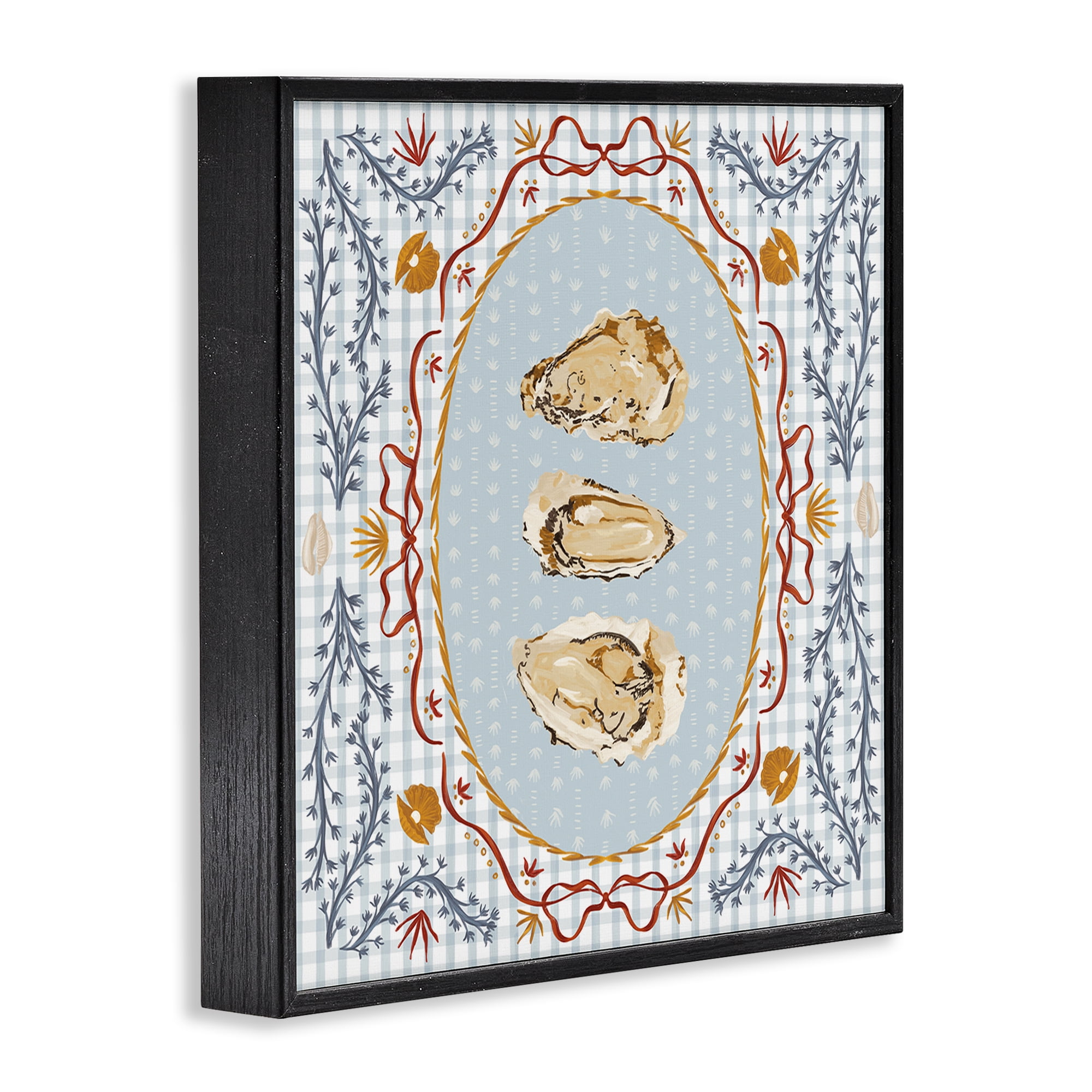 Stupell Industries Oyster Trio on Blue Gingham Black Framed Giclee Art, design by Vero Illustrates