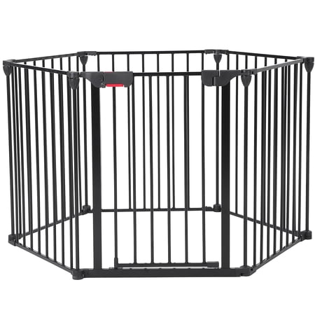 Gaderth Adjustable Extra Wide Baby & Pet Safety Gate – 6-Panel 150.6" x 29" Metal Playpen with Walk-Through Door – Hardware Mounted for Stairs, Doorways, Fireplace, Indoor Dog Gate, Black, 6PCS