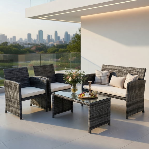 4-Piece Outdoor Rattan Patio Furniture Set – White PE Wicker Loveseat, 2 Single Chairs & Tempered Glass Coffee Table for Backyard, Balcony, Garden