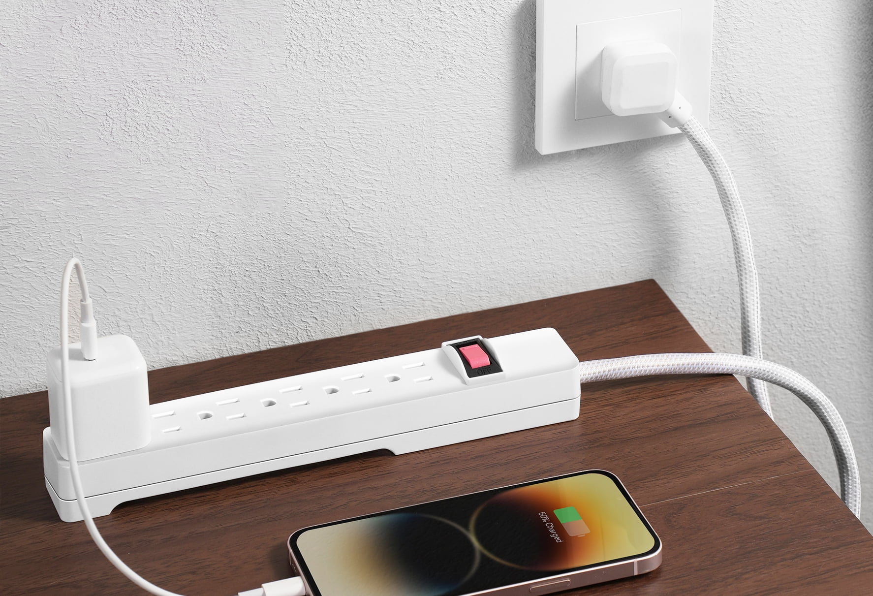 Hyper Tough 6-Outlet Indoor Power Strip, 8 ft Braided Extension Cord, ETL Certified, White, 2-Pack