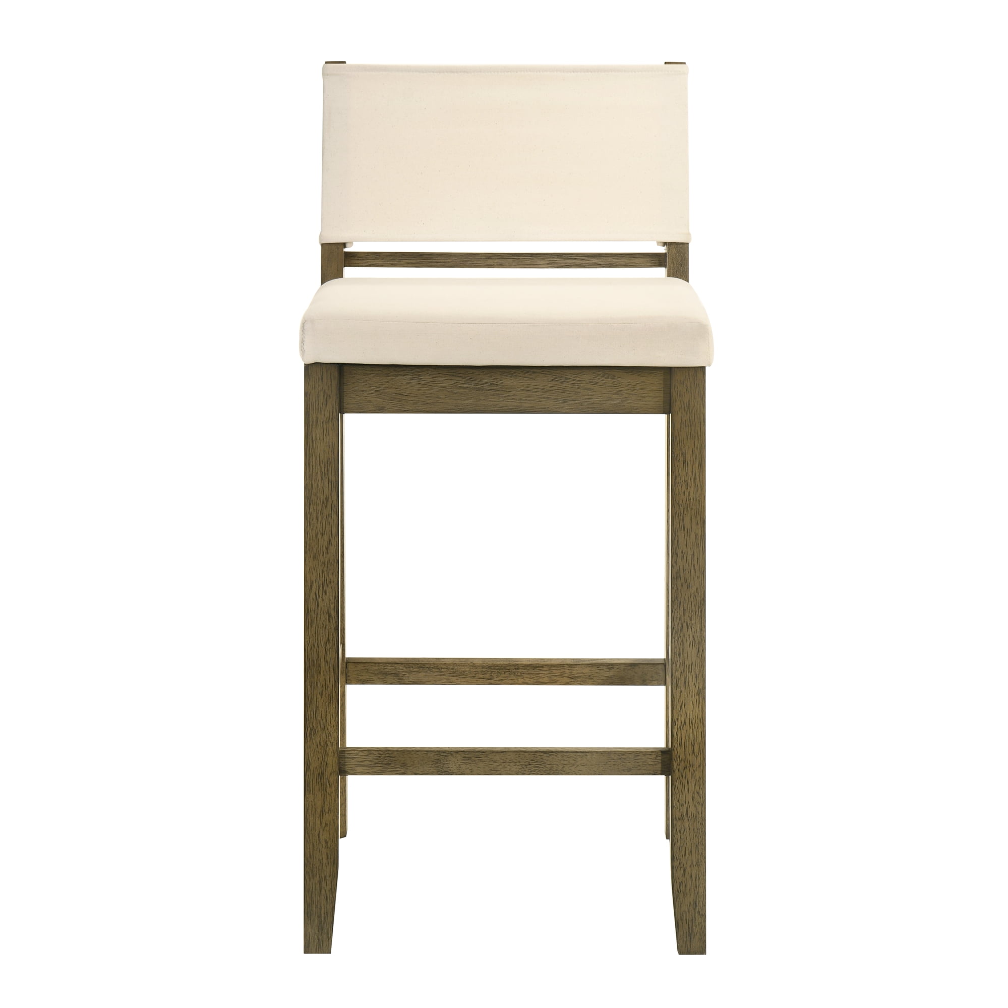 Yaneli Contemporary Natural Wood Bar Height Kitchen Bar Stool in Putty Brown Finish with White Fabric Upholstered Seat - Set of 2