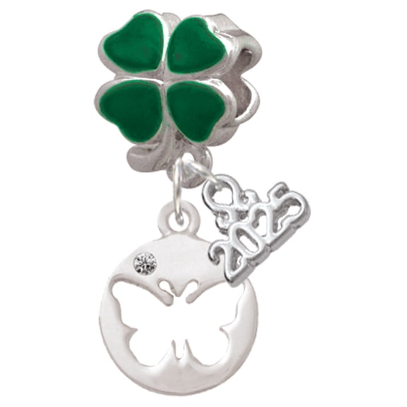 Delight Jewelry Silver-tone Butterfly Silhouette - Good Luck Green Four Leaf Clover Charm Bead Dangle with Mini 2025