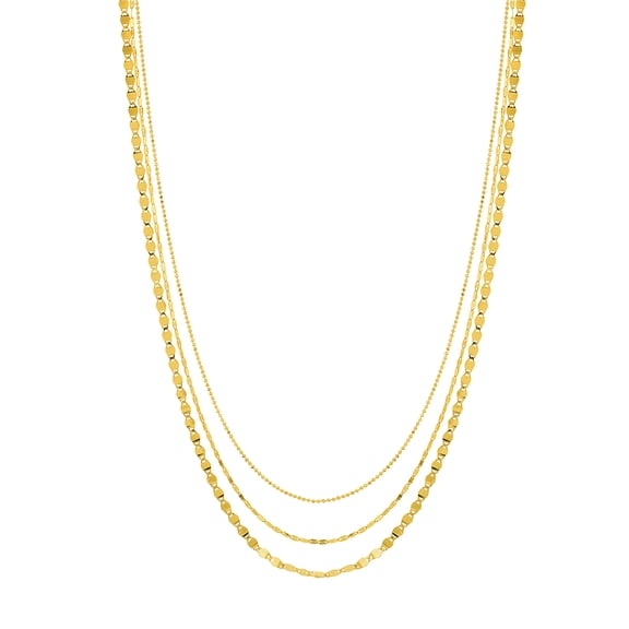 Honey Crush Real 14K Yellow Gold Mixed Triple Strand Layered Chain Necklace (16-18in)